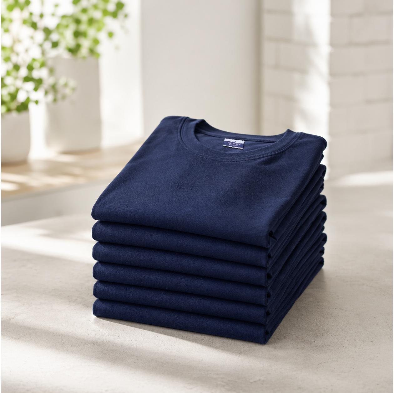 Folded navy shirts stacked for reseller stock